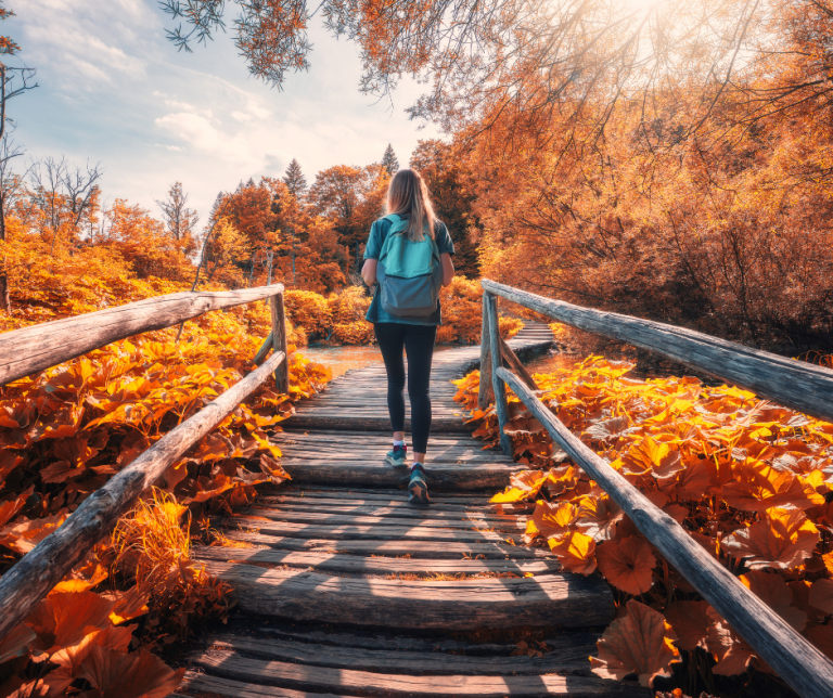 woman hiking in the fall